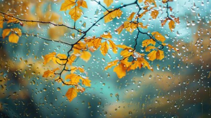 A tree branch with yellow leaves during rainfall