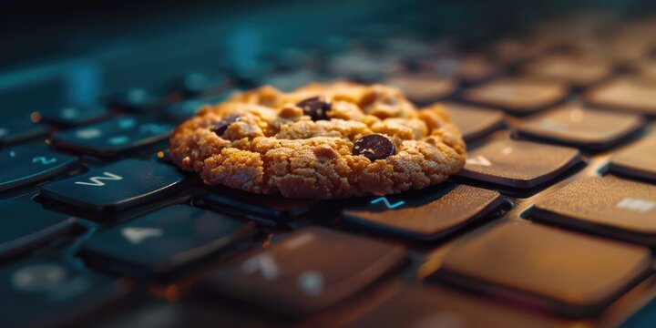 A cookie sitting on top of a computer keyboard, perfect for office or workspace use