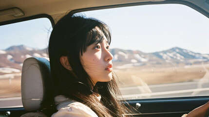 Fototapeta premium 車内で遠くを見つめるナチュラルメイクのアジア人女性.