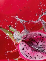 Fresh dragon fruit with a splash of water on the surface, highlighting its unique texture and colors