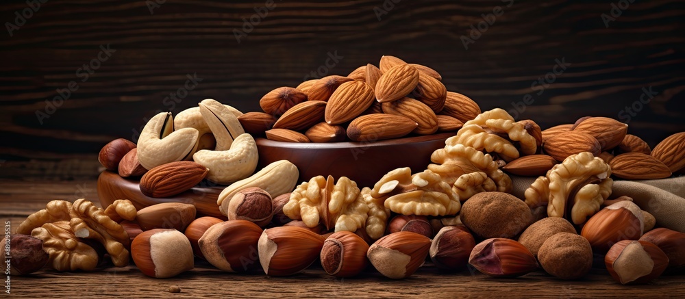 Poster Assorted nuts like cashews, almonds, and pecans displayed on a wooden table with a blank space for inserting an image.