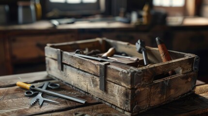 Wooden box filled with various tools sitting on a wooden table, perfect for use in DIY or workshop scenes