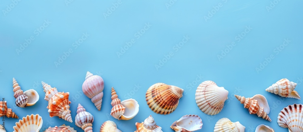 Poster seashells arranged on a soft blue background, symbolizing a serene summer atmosphere, perfect for pr