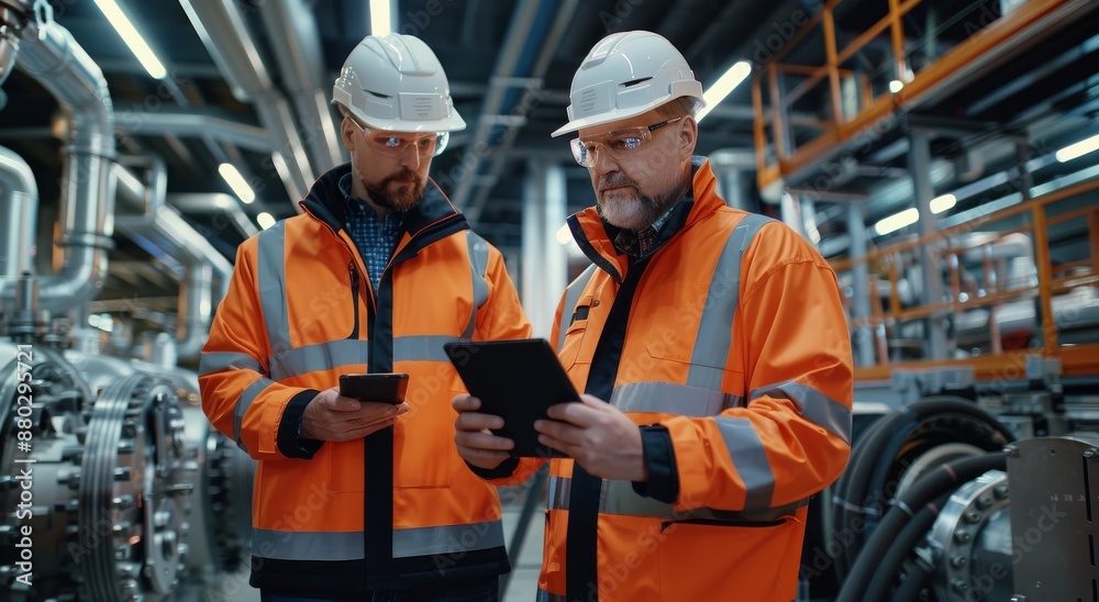 Wall mural Two engineers in high-visibility jackets using tablet and smartphone in modern industrial facility