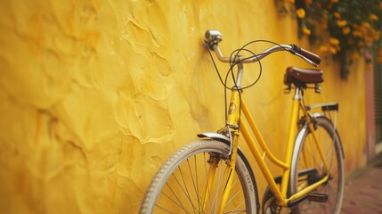 A yellow bicycle leans against a yellow wall in a bright and cheerful scene