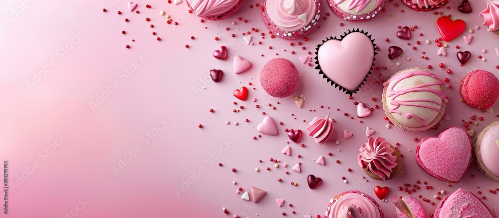 Poster pink background with valentine's day elements and copy space image incorporated.