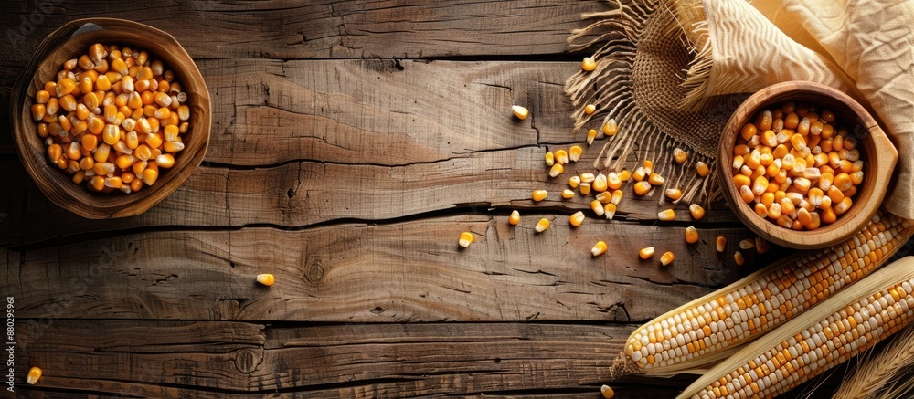 Poster wooden table with maize products and fresh corn cobs, featuring a copy space image.