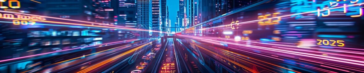 Futuristic digital concept depicting the year 2025 with neon colors and dynamic data streams.