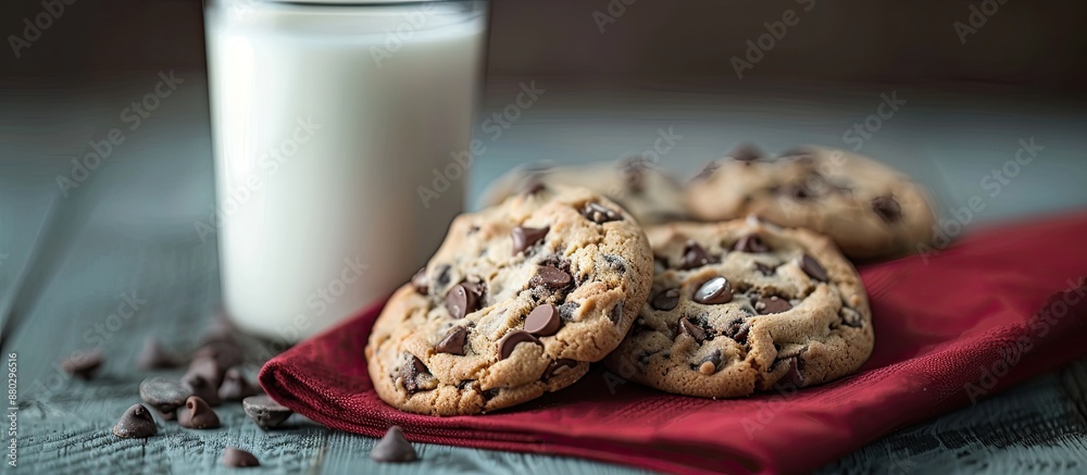 Poster a close-up photo showcasing chocolate chip cookies set against a red napkin on a rustic gray wooden 