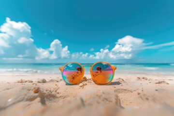 Obraz premium A pair of sunglasses left behind on a sunny beach, possibly lost or abandoned