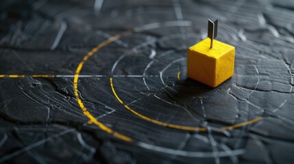 A small yellow block perched on top of a dark-colored surface