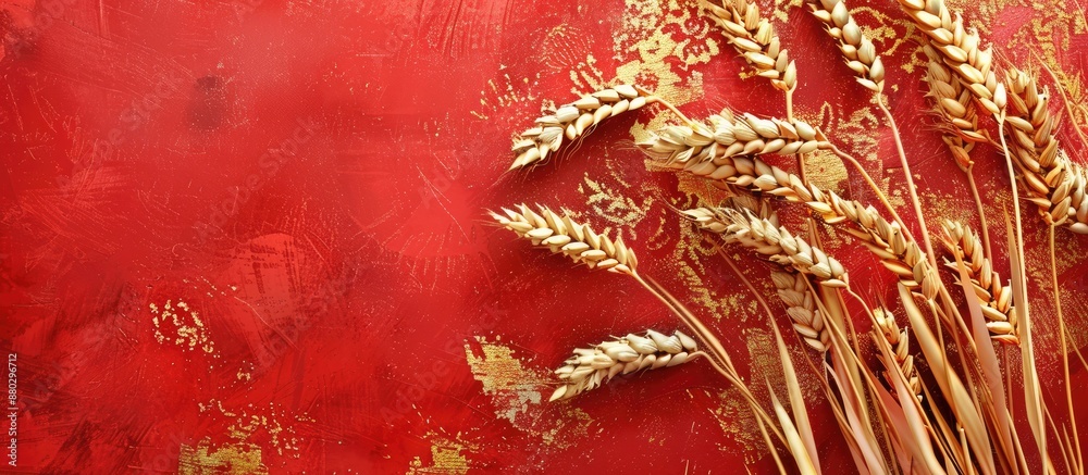 Poster Golden wheat painted in gold on a red background with top twist, creating a trendy copy space image.