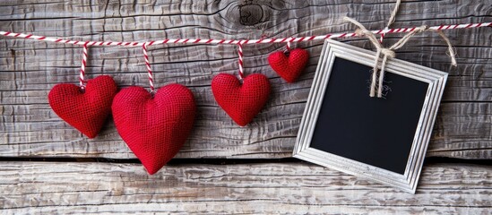 Two red heart decorations hanging on a cloth line against a wooden backdrop with space for text. Valentine's Day concept with a photo frame and mockup.