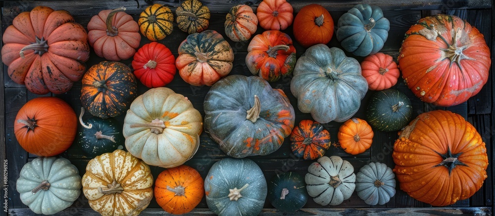 Poster a variety of pumpkins displayed on a rustic wooden surface for halloween and autumn harvest, capture