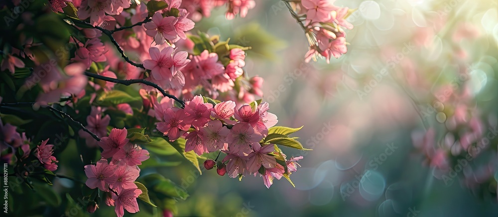 Poster springtime brings the enchanting sight of cherry blossoms blooming amidst lush greenery, creating a 