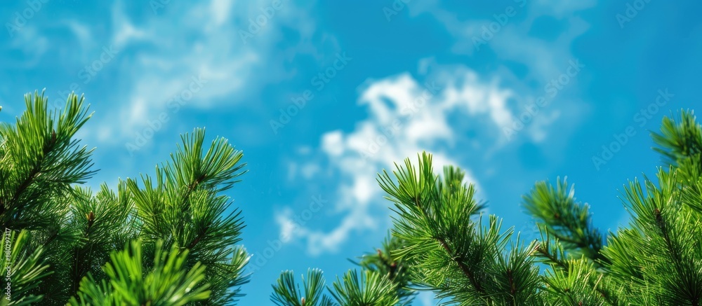 Poster close-up view of pine tree tops against a blue sky, suitable for copy space image.