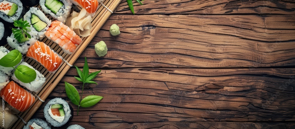Poster Wooden table setting with appetizing sushi rolls arranged as a flat lay composition, ideal for adding text in the copy space image.
