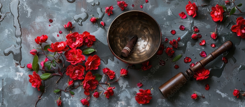 Poster above view of a tibetan singing bowl placed on a gray table with water, lovely rose flowers, and a m
