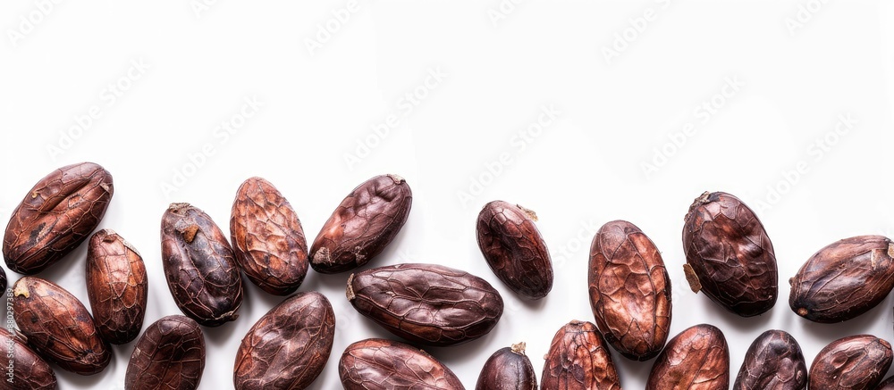 Poster Top view of raw cacao beans isolated on white background with clipping path for copy space image.