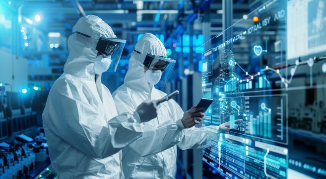 Engineers in protective suits using advanced technology in laboratory