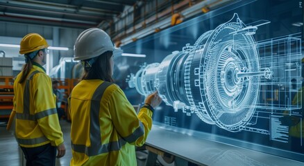 Engineers wearing safety gear analyzing turbine design on digital display in industrial factory
