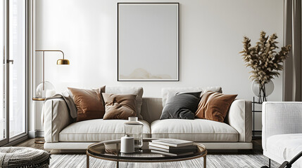 Modern Cozy Living Room with Stylish Decor and Mockup Poster Frame