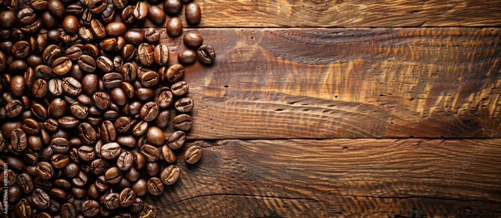 Poster wooden background with coffee beans; includes copy space image.