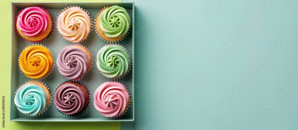 Poster colorful background enhances the appeal of the box with delicious cupcakes, ideal for showcasing in 