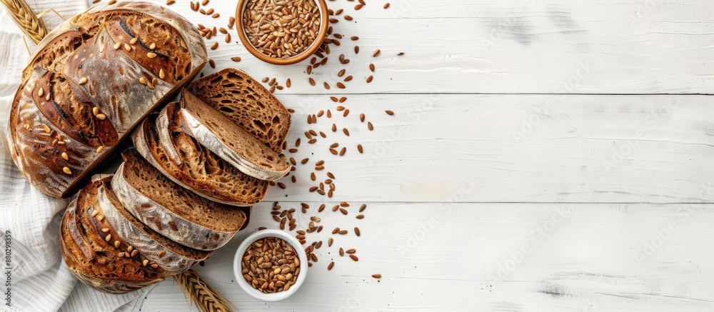 Poster rye bread with linseed on a white wooden table, providing an appealing backdrop for a copy space ima