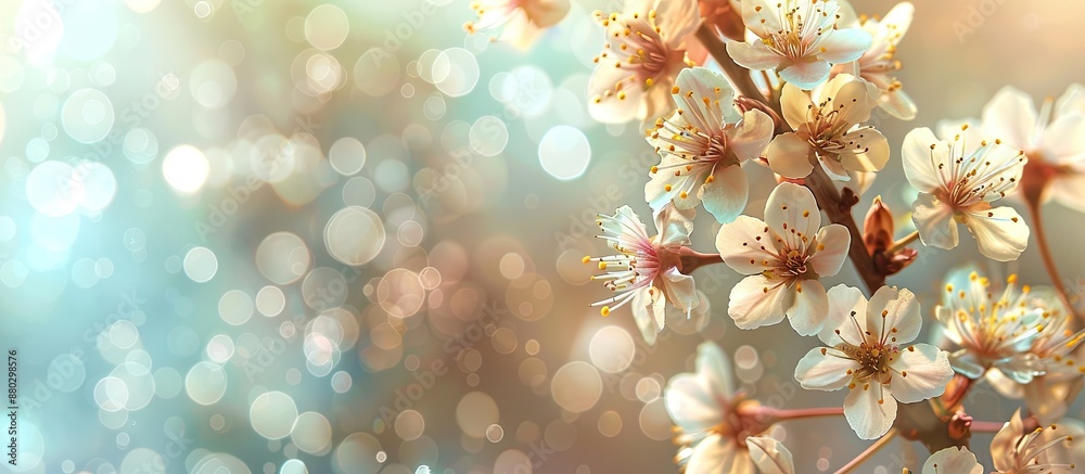 Poster Cherry tree flowers blooming softly in spring, against a blurred bokeh background with copy space image.