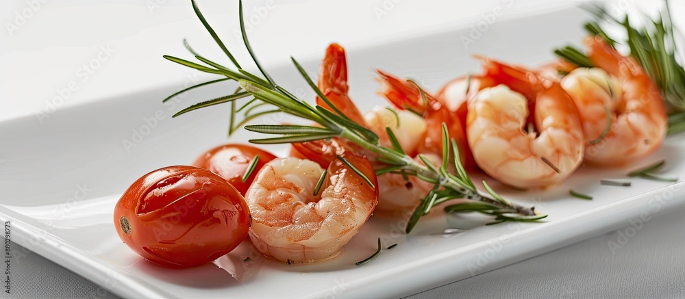 Poster fresh shrimp presented on a white plate with herb-infused tomatoes and rosemary. the backdrop featur