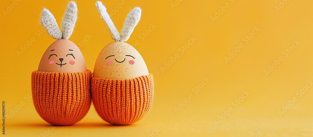 Poster Copy space image featuring two eggs in an orange knitted beanie with rabbit ears and happy faces on a yellow backdrop.