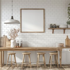 Mock-up poster frame in a farmhouse-style kitchen interior, 3D render