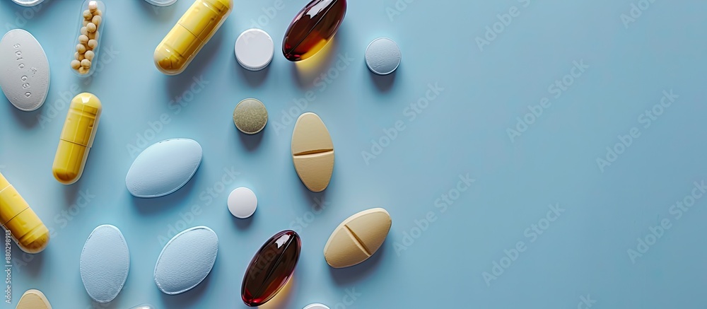 Poster Various pills, vitamins, and capsules of different shapes and packaging displayed closely on a blue background with selective focus for a copy space image.