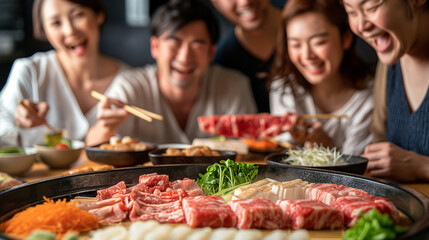A group of people are eating food together