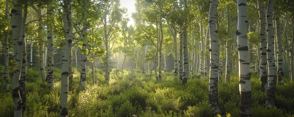 Tranquil aspen grove with shimmering leaves, 4K hyperrealistic photo