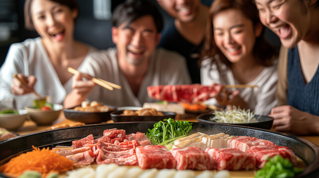 A group of people are eating food together