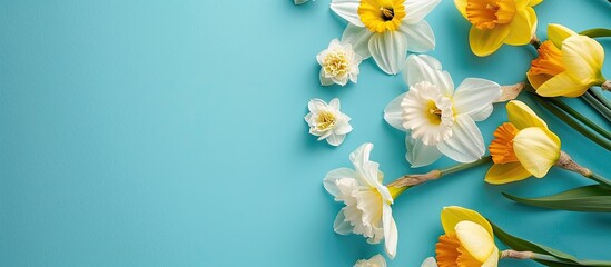 Fototapeta premium Tulips and daffodils bloom on a solid aqua blue backdrop, surrounded by a frame with ample copy space for text or images.