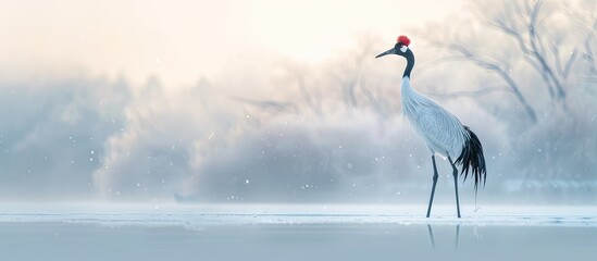 Fototapeta premium Observing a red-crowned crane in a wintry setting with a copy space image.