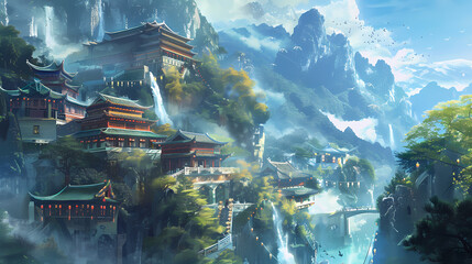 Ancient mountain temple complex with cascading waterfalls and misty peaks, evoking a serene and mystical atmosphere.