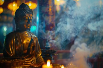 A golden Buddha statue in a temple, with incense smoke swirling in the air