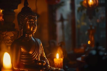 Fototapeta premium A golden Buddha statue in a dimly lit room, with soft candlelight creating a warm ambiance.