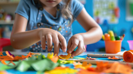 Fototapeta premium Child Engaged in Creative Art Project with Colorful Paper Cutouts in a Vibrant Classroom Setting
