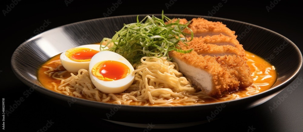 Poster chicken katsu atop cheese ramen, presented on a grey backdrop with copy space image.