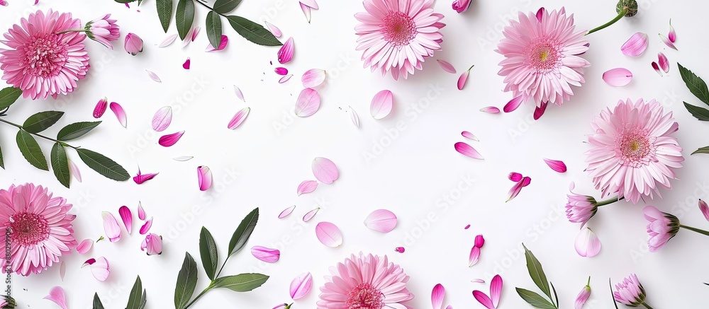 Poster an exquisite web banner featuring delicate pink daisies, branches, leaves, and petals on a white bac