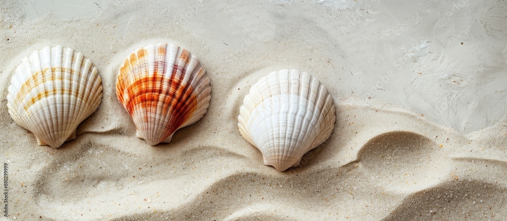 Aufkleber Vertical photo shows three sea shells on the left side with copy space image.