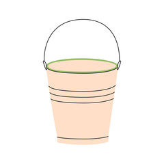 Flat enameled bucket with handle vector illustration. Metal aluminum bucketful for water carrying and household cleaning isolated. Housekeeping container for wash. Green housework stuff, clean home