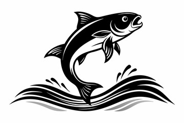 Black silhouette A fish jumping out of the water ripple vector art illustration with splash white background