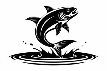 Black silhouette A fish jumping out of the water ripple vector art illustration with splash white background