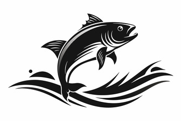 Black silhouette A fish jumping out of the water ripple vector art illustration with splash white background